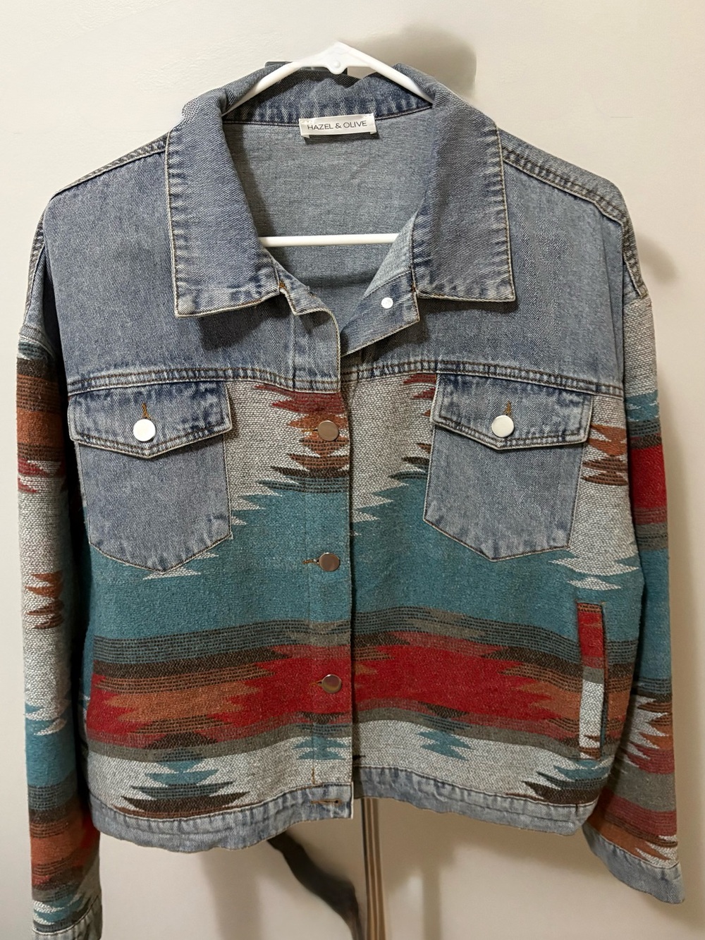 Hazel & Olive Teal and Red Denim Aztec Jacket